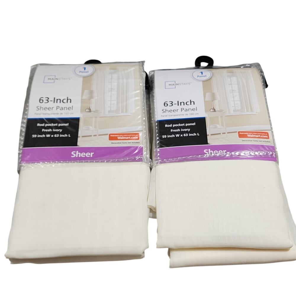 Mainstays 63-Inch x2 Fresh Ivory Sheer Rod Pocket Panel Curtains  59"Wx63"L NIP